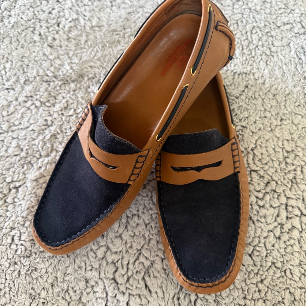 Tan and Blue Flats with Moccasin Stitching